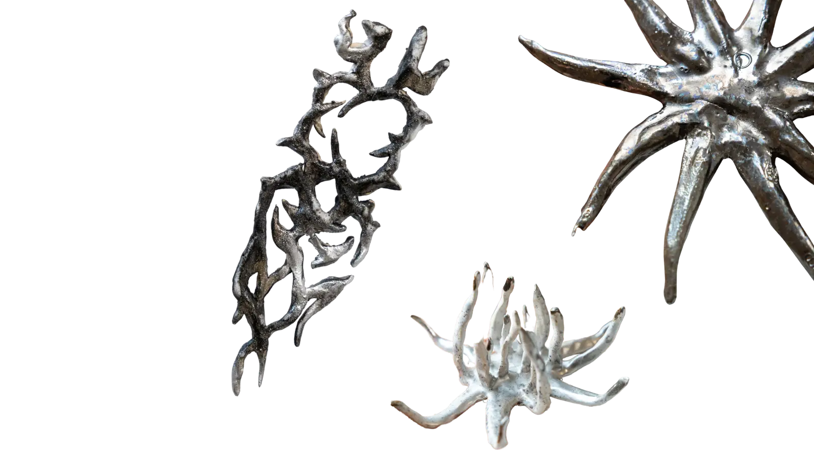 Composition of branching biomorphic ceramic sculptures resembling unfamiliar anatomical structures against a white background.