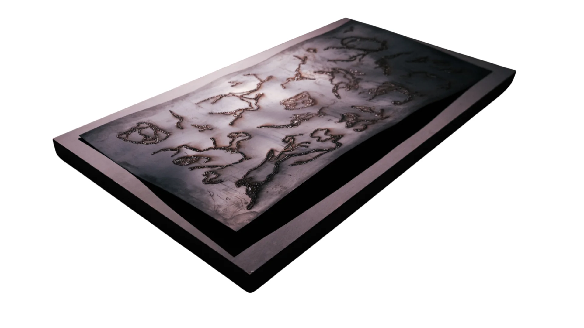 Rectangular steel sculpture seen diagonally, with branching welded marks across its dark surface.