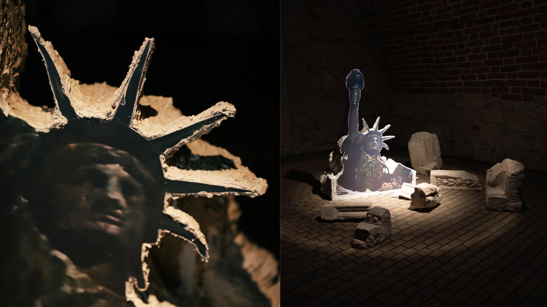 Fragmented Statue of Liberty sculpture displayed among scattered architectural debris in a dark gallery.