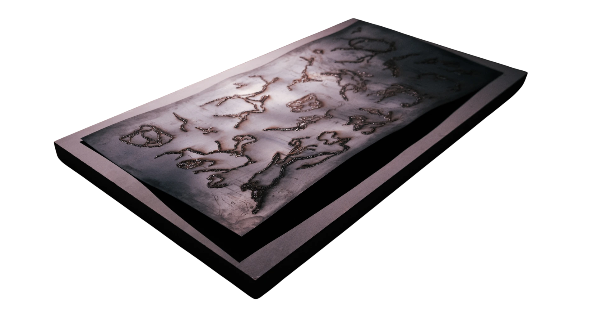 Steel sculpture with irregular welded organic patterns across a dark rectangular metal surface.