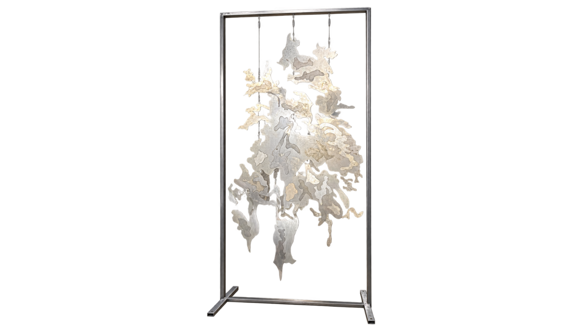 Pale organic sculptural forms suspended within a rectangular metal frame, photographed against a white background.