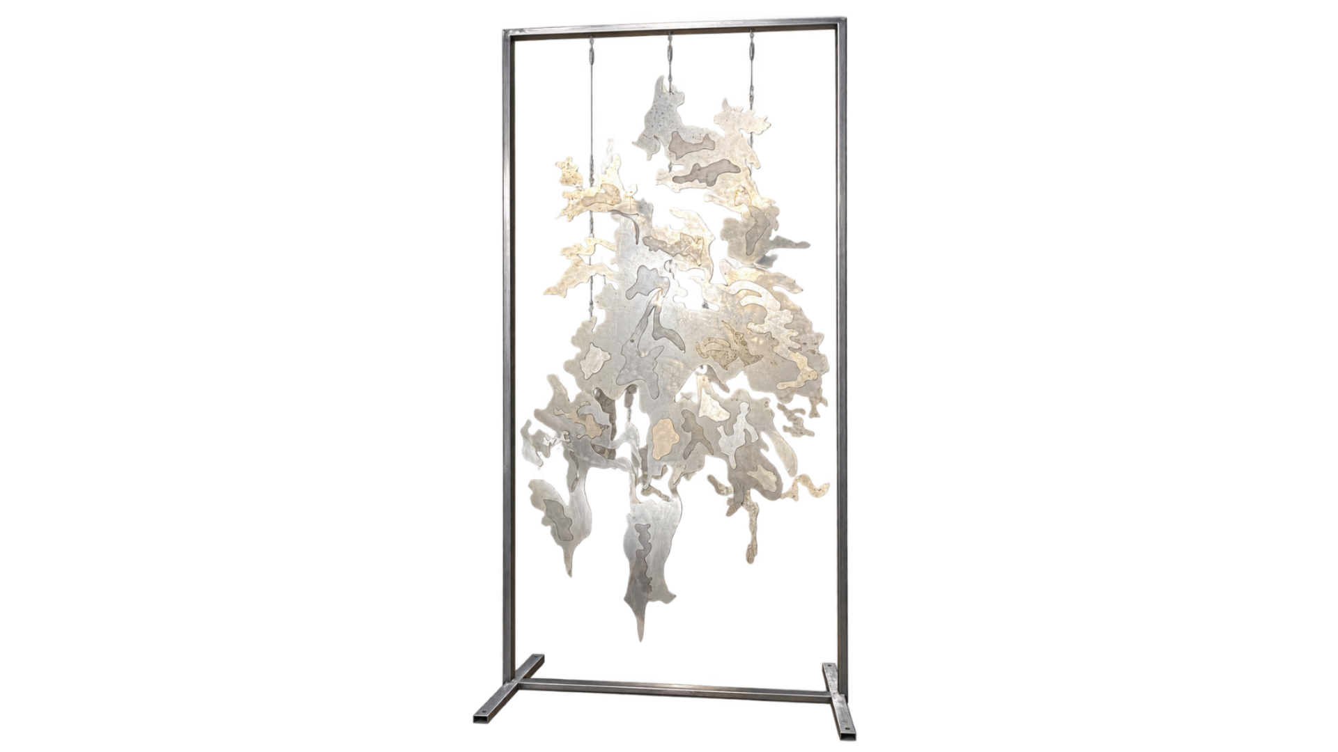 Suspended pale sculptural structure with irregular branching forms displayed inside a tall metal frame.